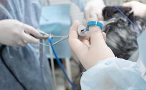 Veterinarian using an endoscope to evaluate a dog’s bladder